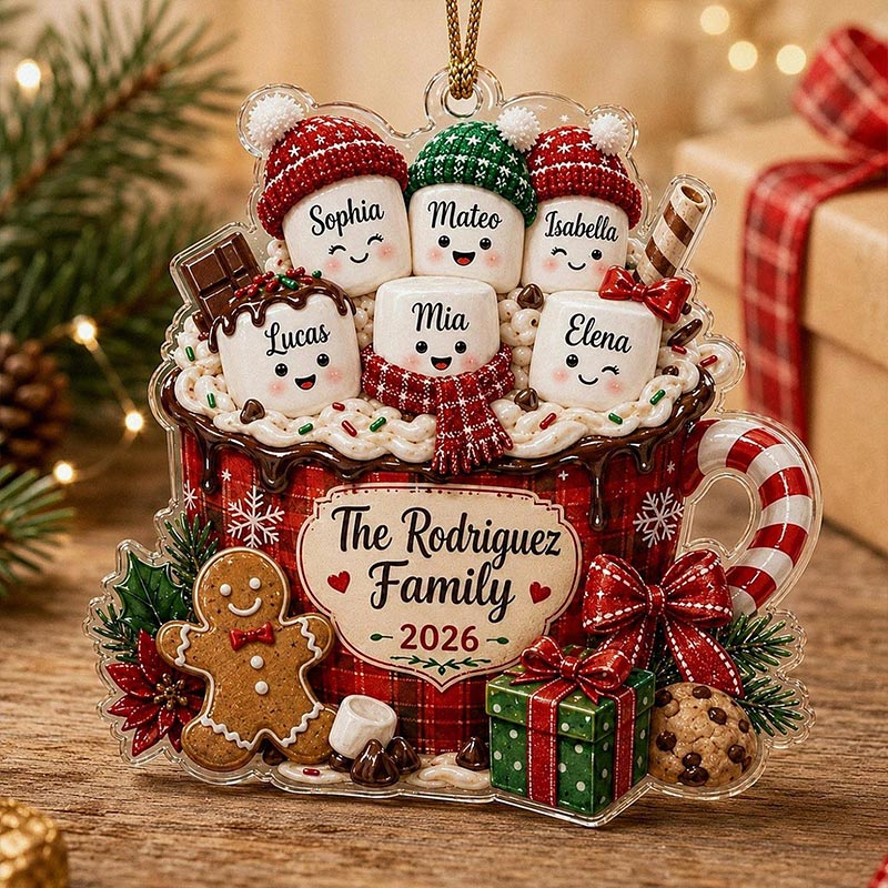 Personalized Marshmallow Family Ornament 2026 Custom Hot Cocoa Cup Acrylic Decor Christmas Tree Keepsake Gift