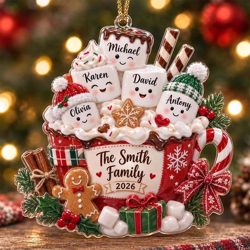 Personalized Acrylic Ornament Marshmallow Family 2026 Custom Family Name 2D Coffee Cup Christmas Decor Holiday Keepsake Gift