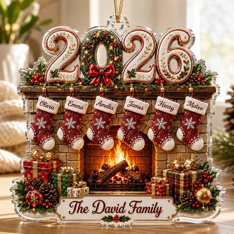 Personalized Family Christmas Acrylic Ornament 2026 Custom Family Name Fireplace Ornament 2D Stocking Ornament Christmas Gift