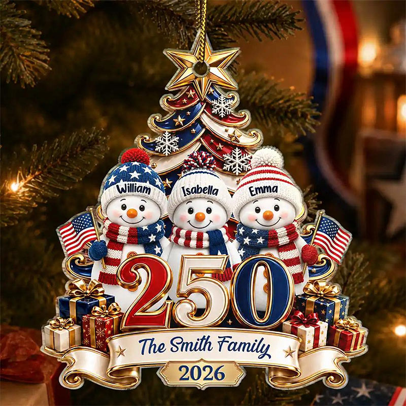 Personalized 250 Years Of Freedom Christmas Ornament Snowman with Family Names Custom Acrylic Keepsake Patriotic Family Holiday Gift