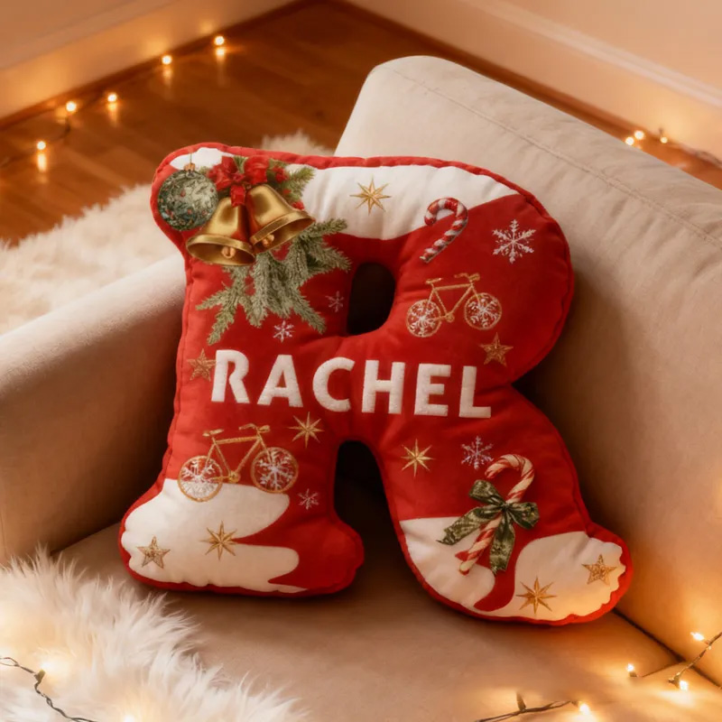Personalized Red Christmas Letter Pillow Custom Name Festive Decor with Bicycle Snowflake Christmas Gifts for Family Graphic 3D Print Cycling Riding Lovers
