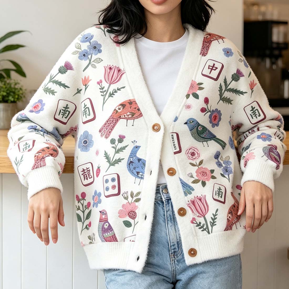 Mahjong Floral Birds Retro Mahjong Women Light Knit Unisex Cardigan Sweaters  Chinoiserie Pattern Button Down Asian Art