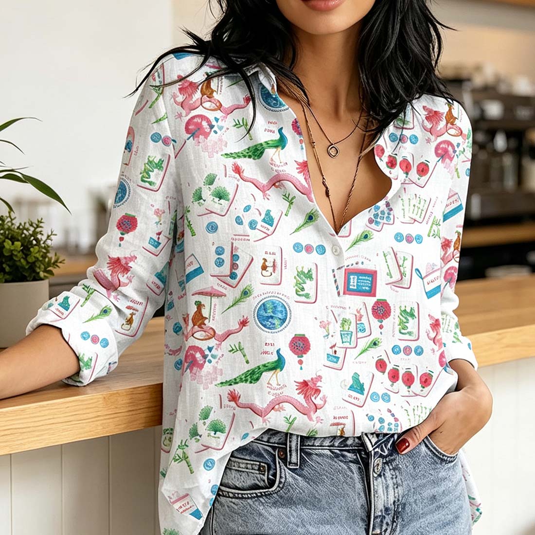 Mahjong Women Blouse Shirt Chinoiserie Pattern Button Down Top Asian Art Long Sleeve Shirt