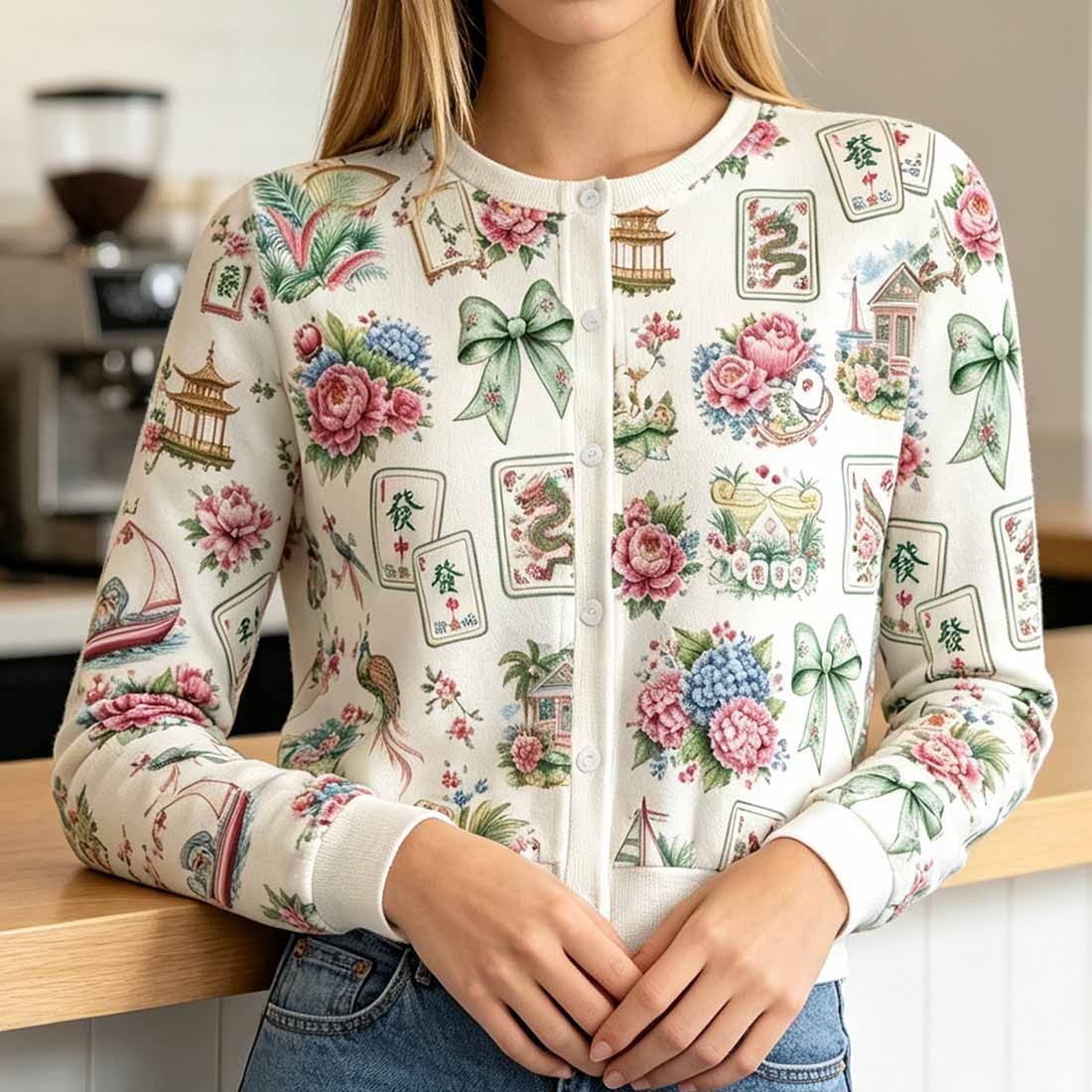 Retro Mahjong Women Crew Neck Cardigan Sweaters Chinoiserie Pattern Asian Art Short