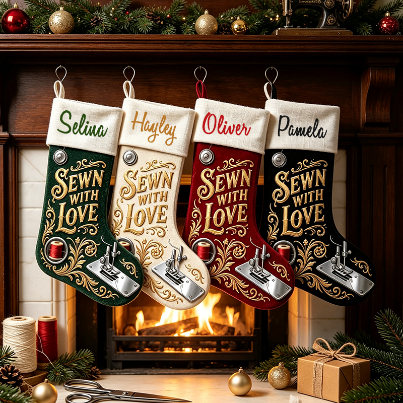 Personalized Sewing Themed Christmas Stocking, Sewn With Love Custom Name Xmas Stocking