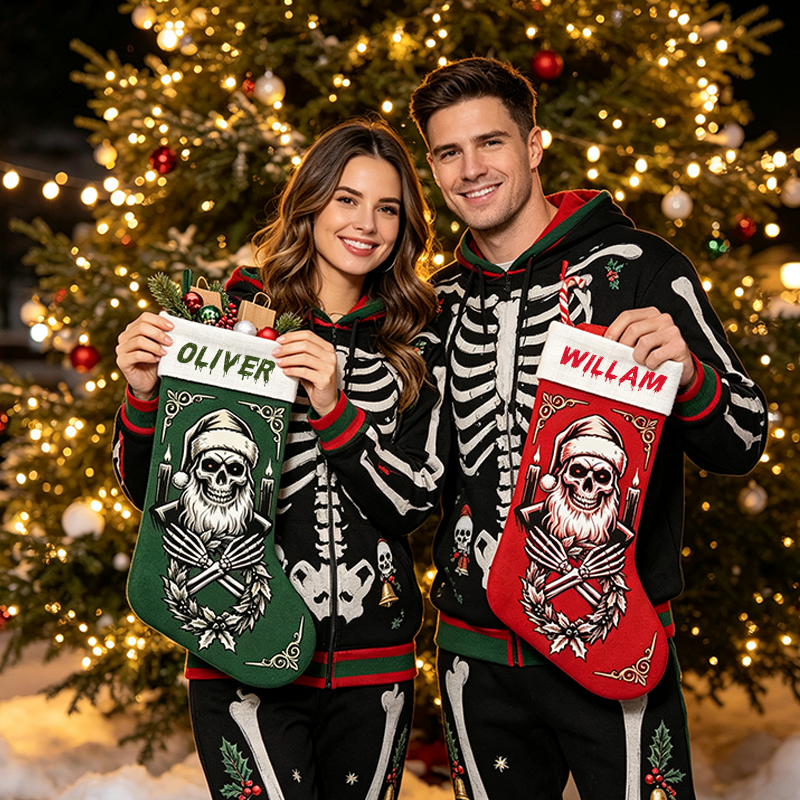 Personalized Skeleton Santa Christmas Stocking, Custom Name Gothic Xmas Stocking, Spooky Dark Holiday Decor, Gift for Goth Lover, Family Fireplace Hanging Sock