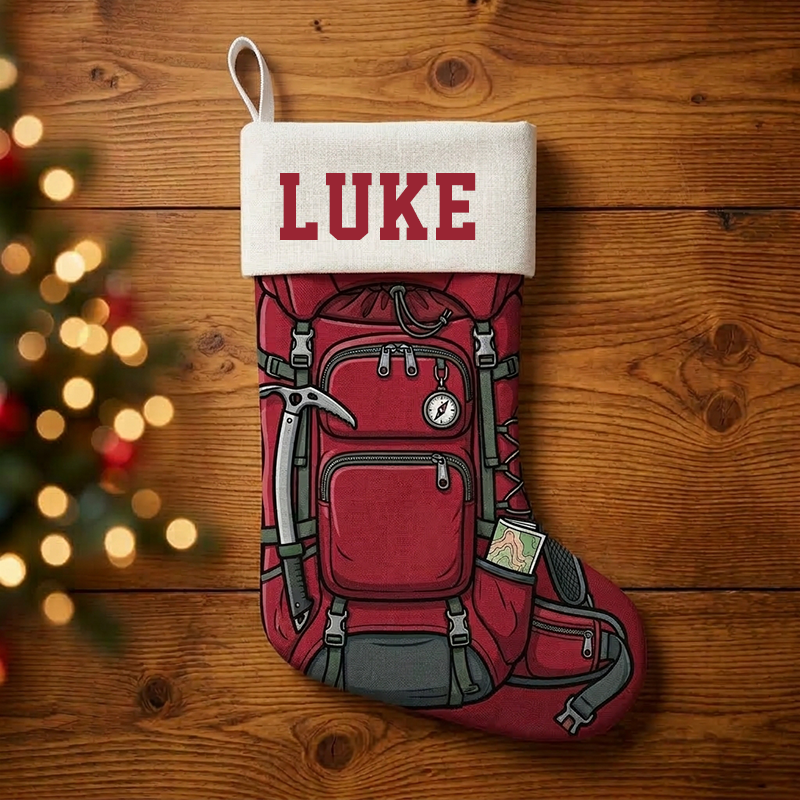 Personalized Hiking Backpack Christmas Stocking, Custom Name Outdoor Camping Xmas Stocking, Adventure Themed Christmas Decor Gift for Hiker Camper