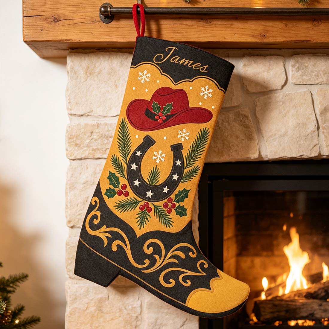 Personalized Cowboy Boot Christmas Stocking Faux Suede Printed Western Holiday Decor