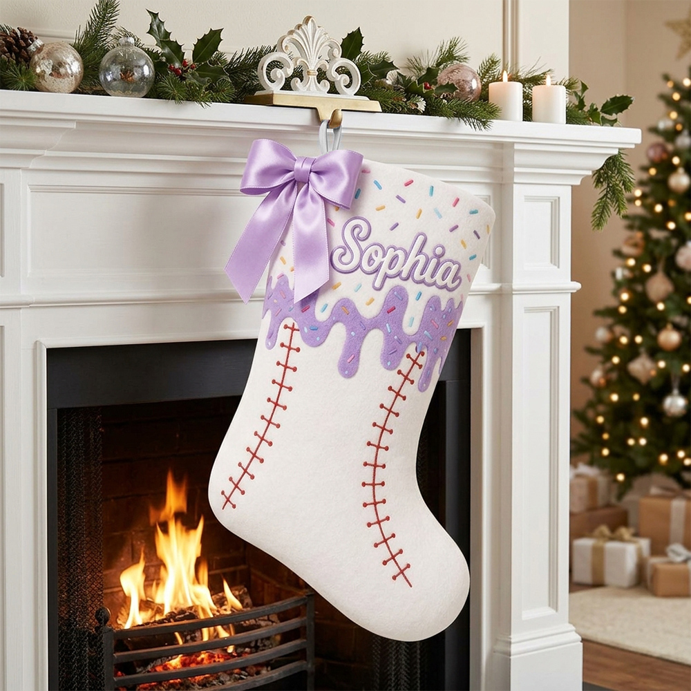 Personalized Pastel Baseball Christmas Stocking with Name and Bow