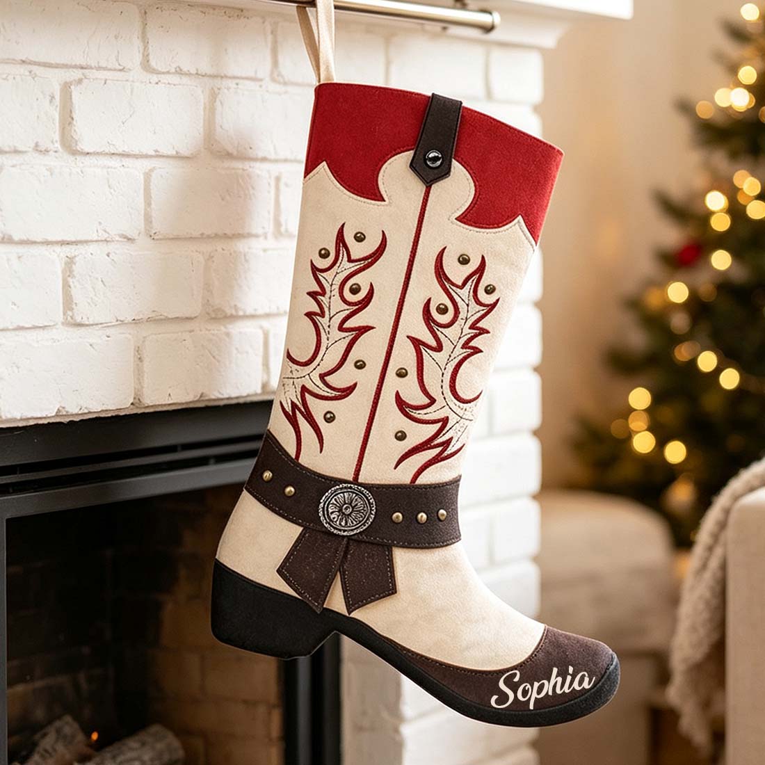 Cowboy Boot Christmas Stocking Faux Suede Printed Western Holiday Decor