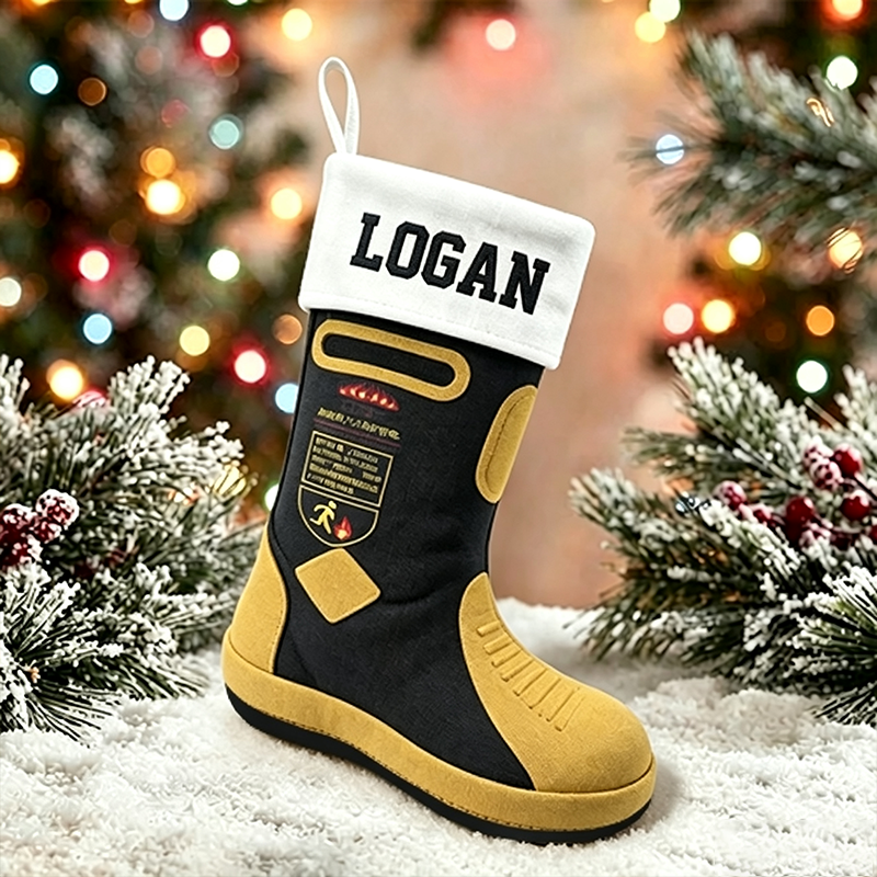 Personalized Firefighter Boot Christmas Stocking, Custom Name Fireman Christmas Stocking, Fire Department Xmas Sock, Firefighter Family Christmas Decor, Custom Holiday Gift