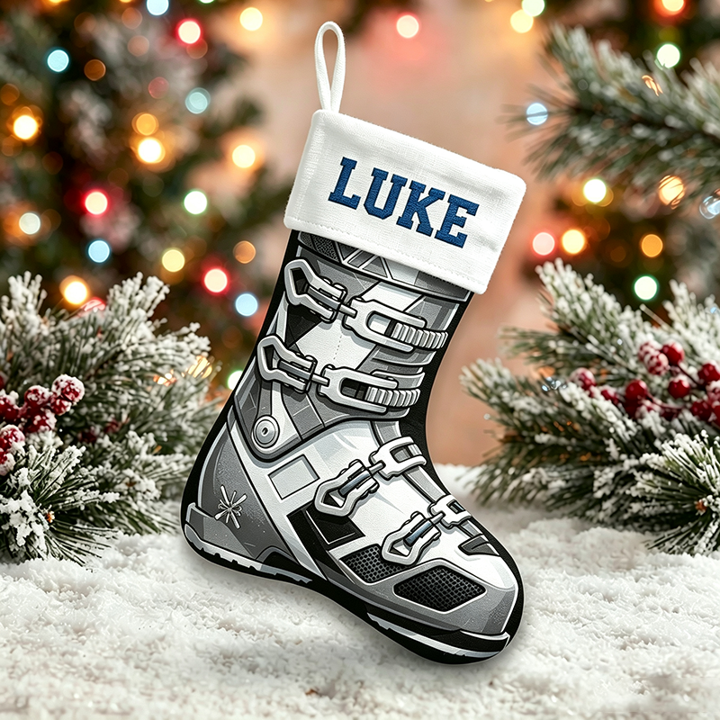 Personalized Ski Boot Christmas Stocking, Custom Name Skiing Christmas Stocking, Gift for Skiers, Winter Sports Family Holiday Mantel Decor