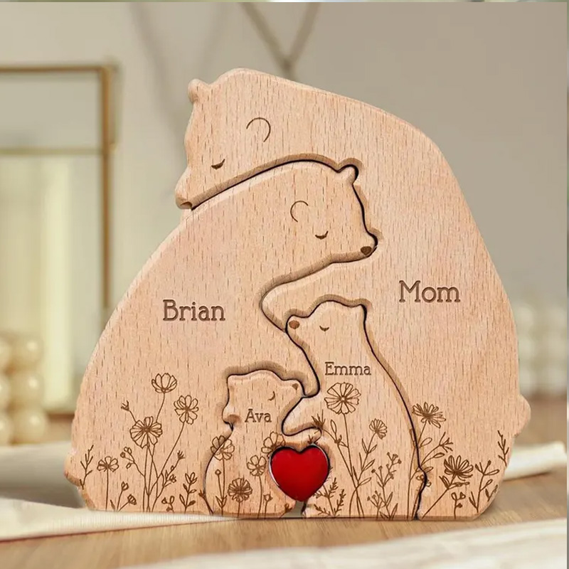 Personalized Wooden Bear Family Puzzle Hugging Bear Family Floral Version Engraved Oak Wood Keepsake with Name Gift for Family