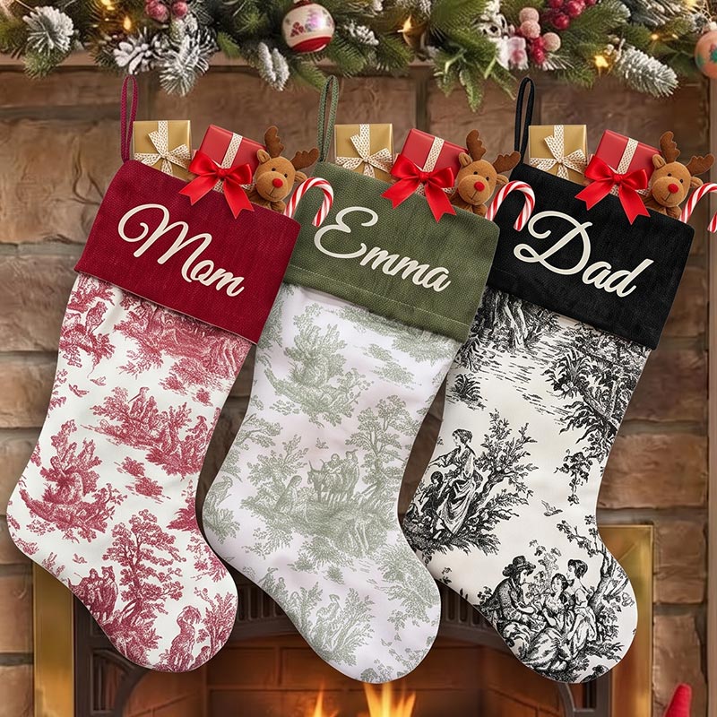 Personalized Toile Christmas Stockings Custom French Country Holiday Decor Farmhouse Stockings Elegant Monogrammed Name Stocking Family Christmas Gift