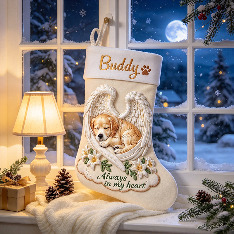 Personalized Pet Memorial Christmas Stocking, Angel Dog With Wings Custom Name Xmas Sock, Always In My Heart Remembrance Gift For Loss Of Dog