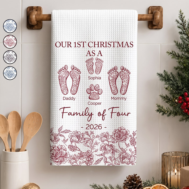 Personalized First Christmas As A Family Of Four Toile Footprints Kitchen Towel Custom Family Kitchen Towel Christmas Gift for Mom Dad Grandparents