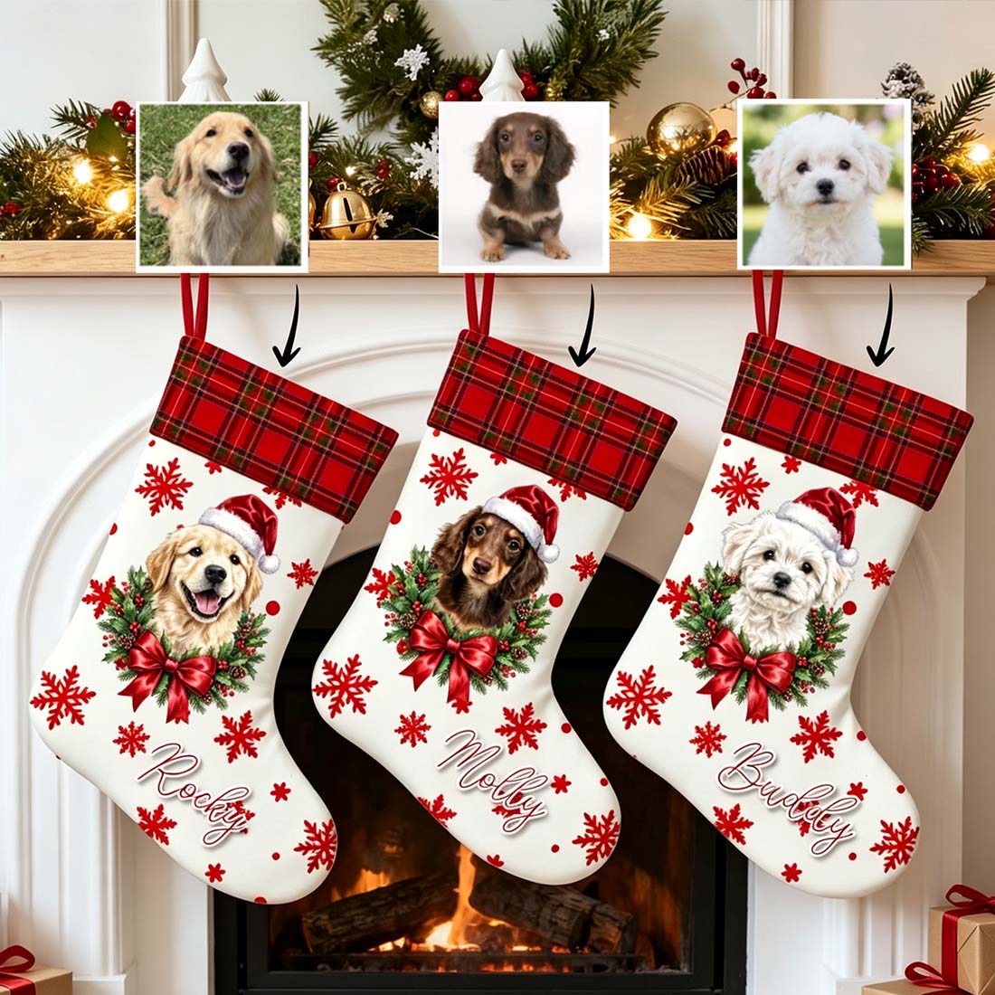 Personalized Christmas Theme Snowflake Pet Photo Christmas Stocking with Name
