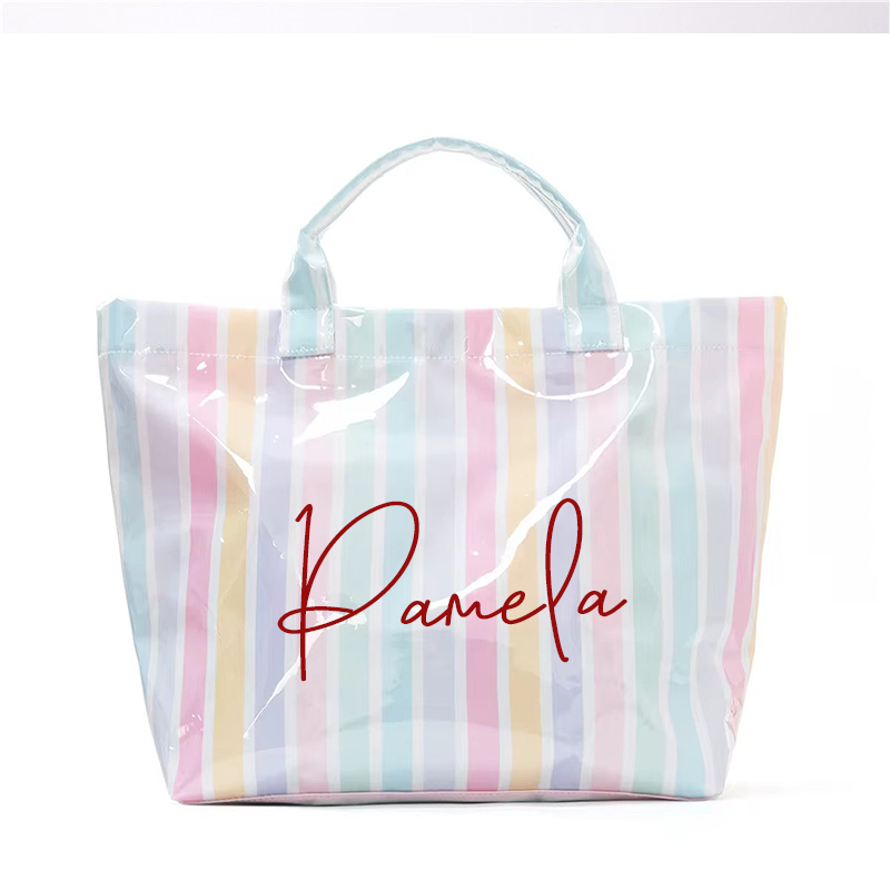Personalized Girls Beach Traveling Waterproof Striped Tote Bag Custom PVC Pool Bag Bridesmaid Gift Future Bride Tote Reusable Shopper Bag