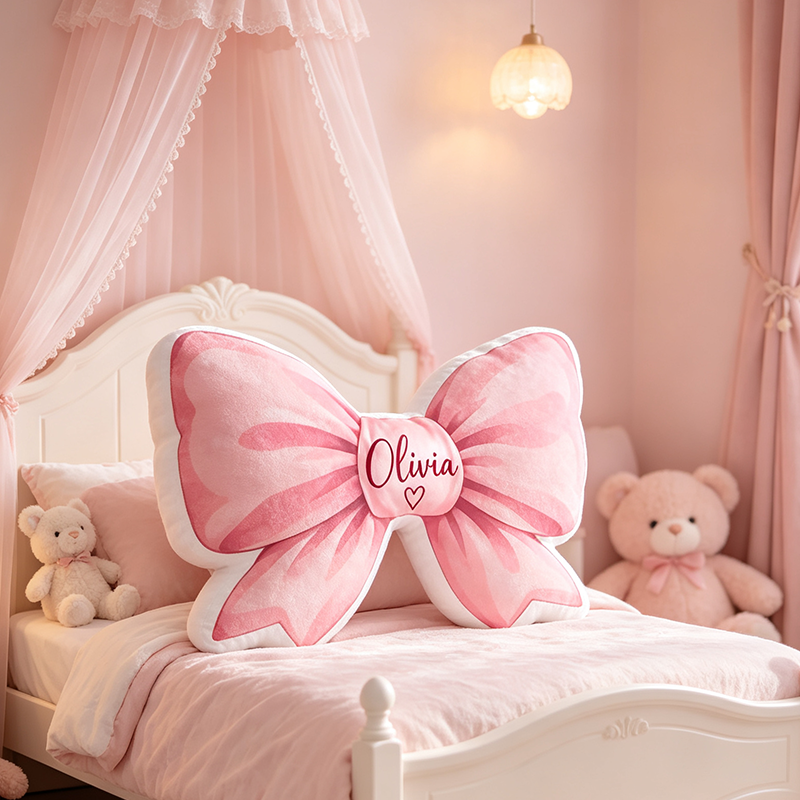 Personalized Bow Pillow, Custom Name Pink Bow Shaped Pillow, Girls Room Decor, Personalized Kids Gift, Nursery Bedroom Decor