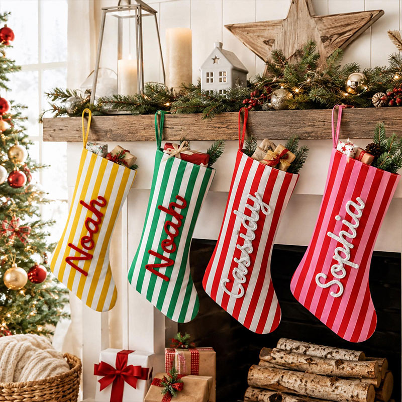 Personalized Christmas Stocking Custom Family Name Xmas Sock Striped Holiday Stocking Family Christmas Gift Boys Girls Stocking
