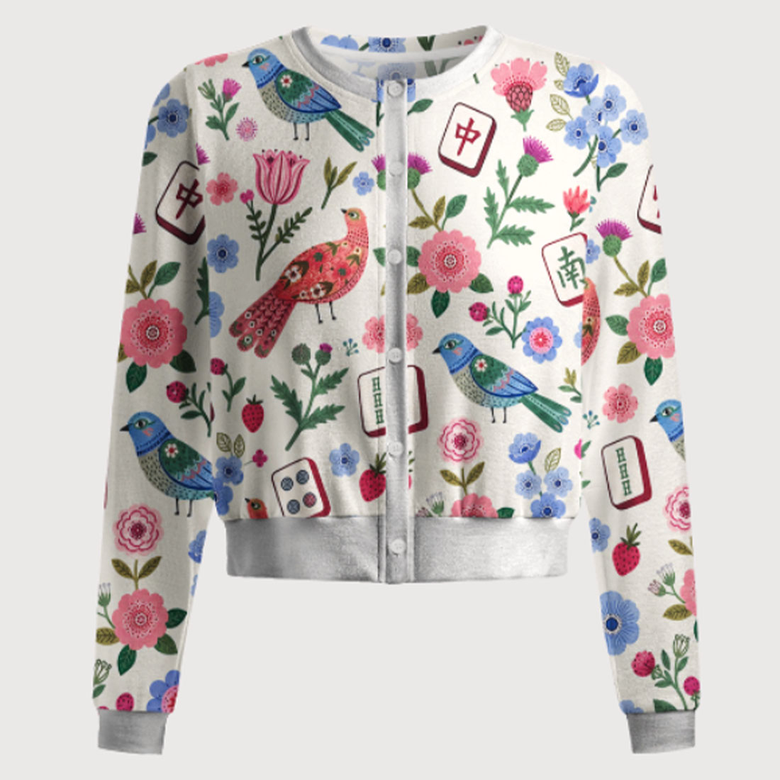 Mahjong Floral Birds Retro Women Crew Neck Cardigan Sweaters Chinoiserie Pattern Asian Art Short
