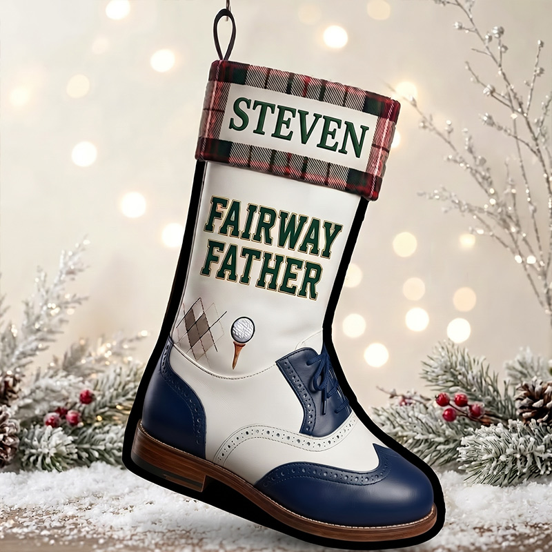 Personalized Fairway Father Christmas Stockings Custom 2D Print Golf Lovers Name Stocking Holiday Decoration Christmas Stocking for Dad