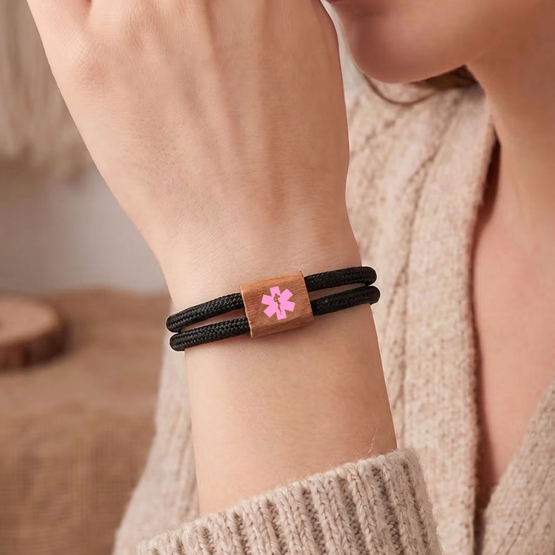 Personalized Star of Life Medical Alert ID Bracelet Emergency Nylon Rope Care Gift for Breast Cancer Woman