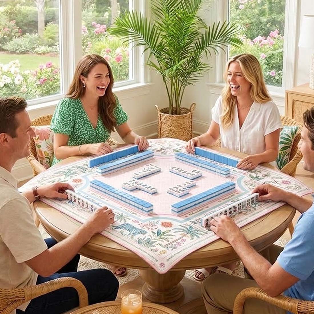 Chinoiserie Mahjong Mat Pastel Asian Game Board Tiger Pagoda