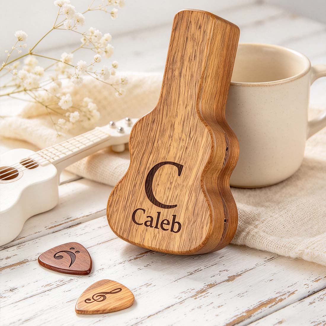 Personalized Engraved Monogram Letter Pattern Wooden Guitar Pick Holder Case with Name Music Accessories