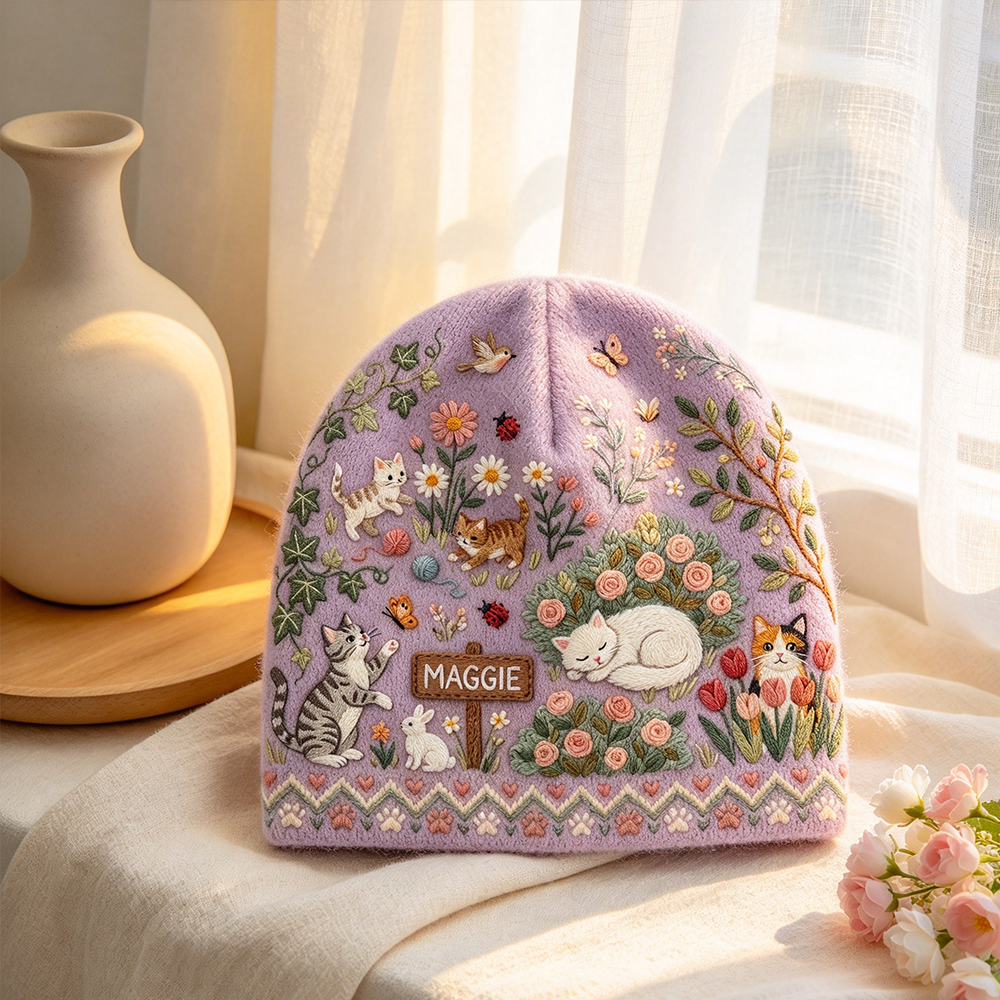 Personalized Garden Cat Beanie | Custom Name Floral Kitten Winter Knit Hat