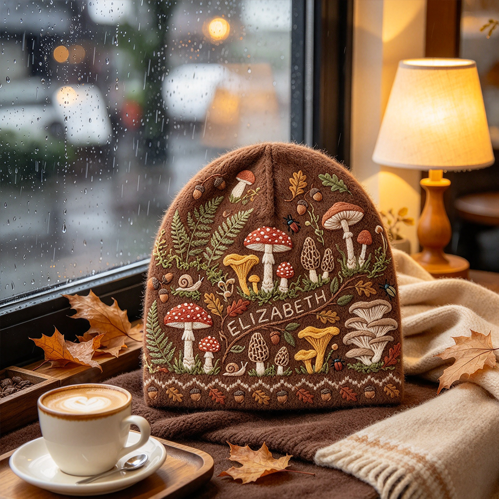 Personalized Forest Mushroom Printed Beanie | Custom Name Woodland Winter Knit Hat