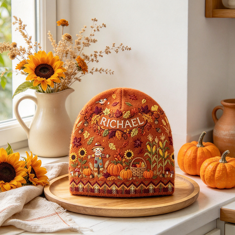 Personalized Fall Harvest Beanie | Custom Name Pumpkin Scarecrow Autumn Knit Hat