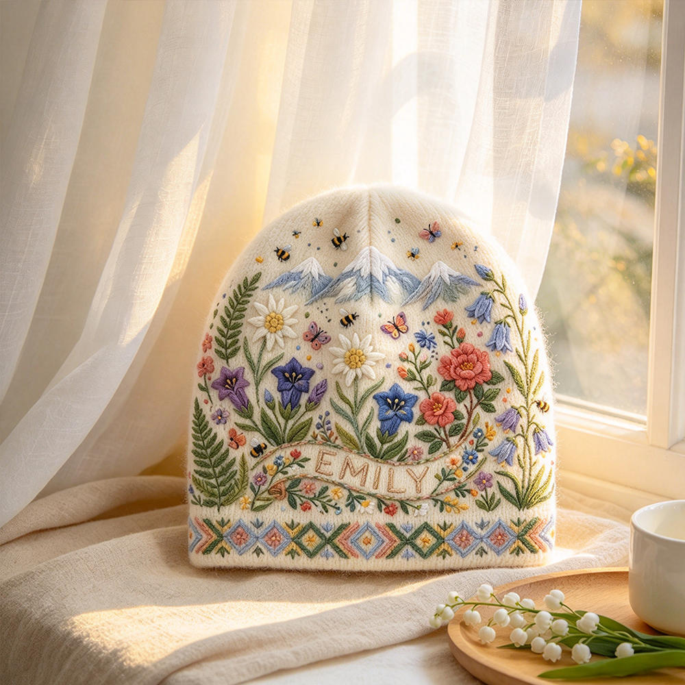 Personalized Mountain Wildflower Beanie | Custom Name Alpine Floral Winter Knit Hat