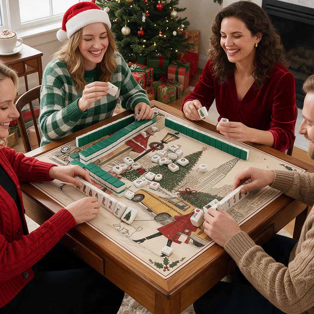 Vintage Christmas Mahjong Mat American Mahjong Table Mat New York City Holiday Illustration