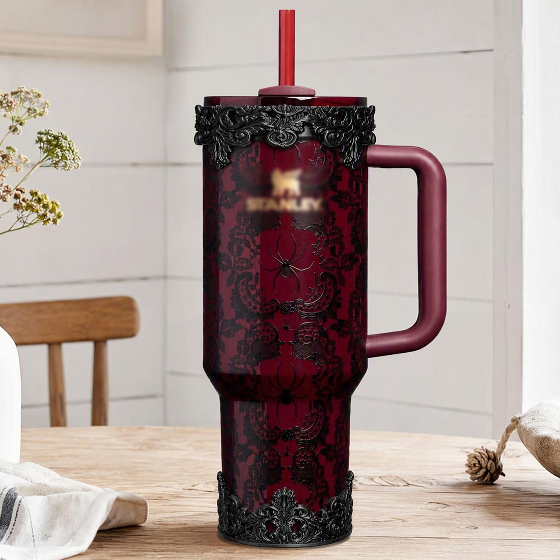 3D Printed Black Ornate Scroll Lace Tumbler Accessories Victorian Gothic Bordeaux Lace Boot Lid Halo
