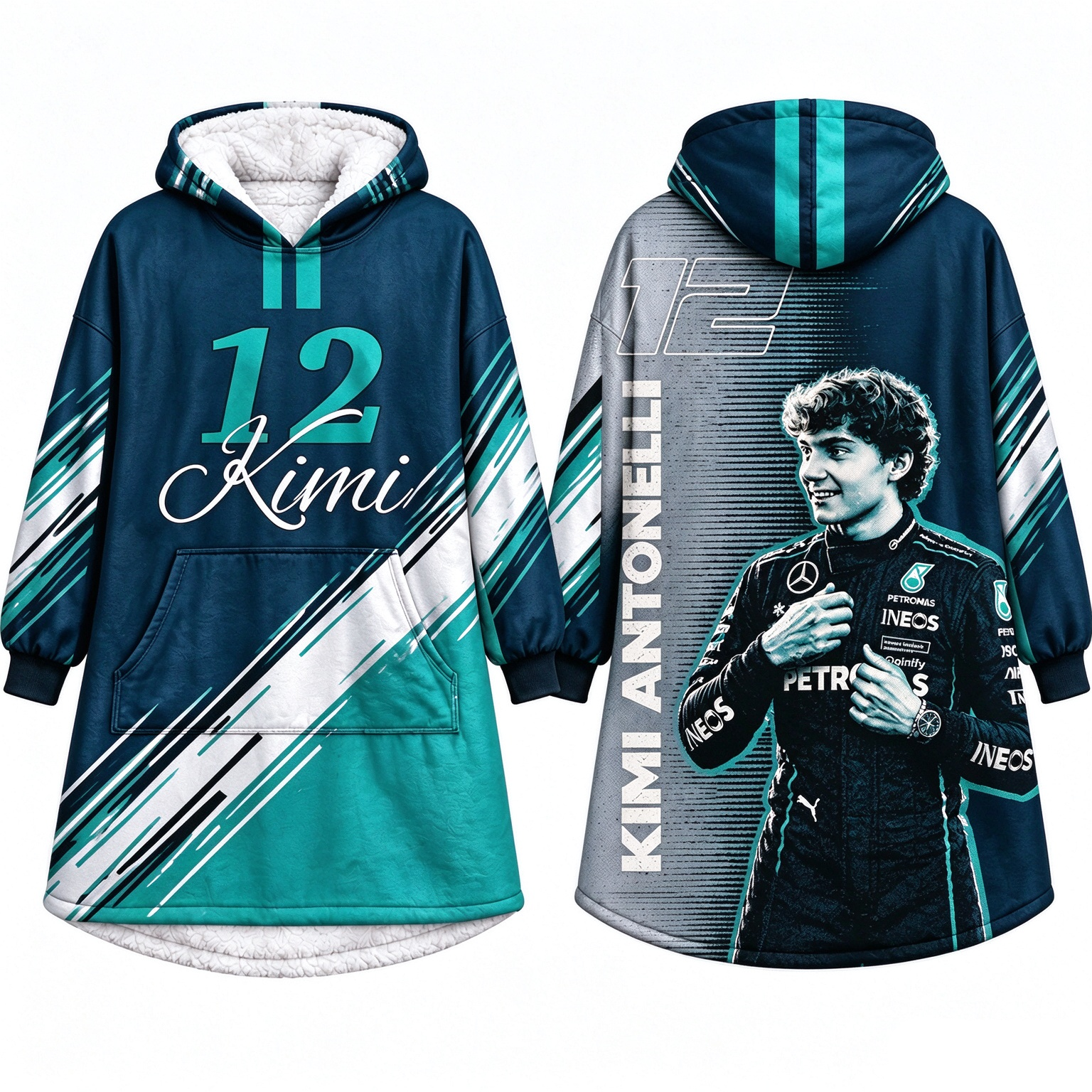 Grand Prix AMG Team Hooded Robe, Soft Plush Lined Long Loungewear, All‑Over Racing Print, Unisex Loose Fit, #63 #12 Fan Gift