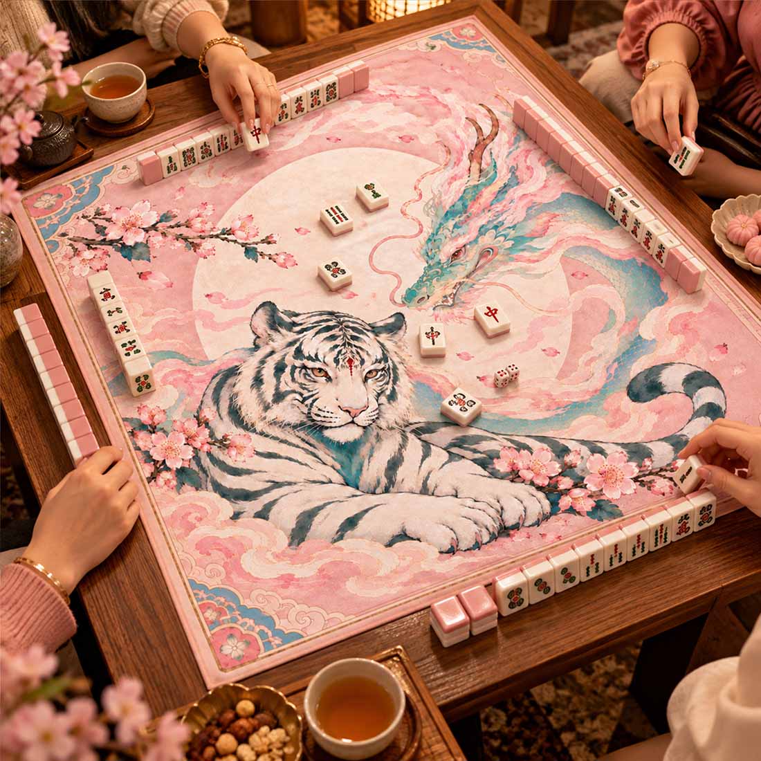 Dragon & White Tiger Cherry Blossom Mahjong Mat