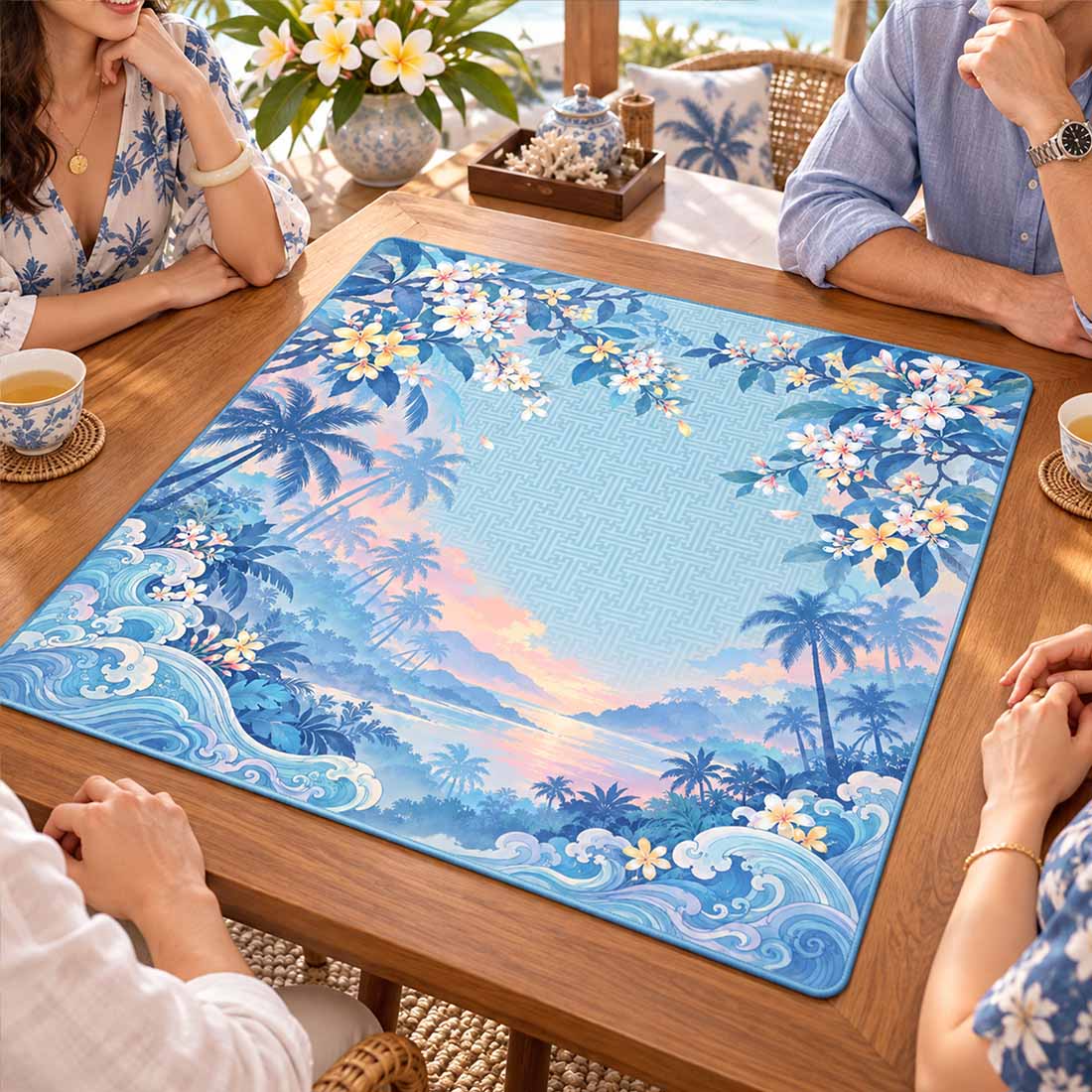 Tropical Plumeria & Ocean Wave Mahjong Mat