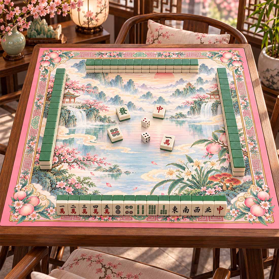 Pink Chinese Peach Blossom Mountain Landscape Mahjong Mat