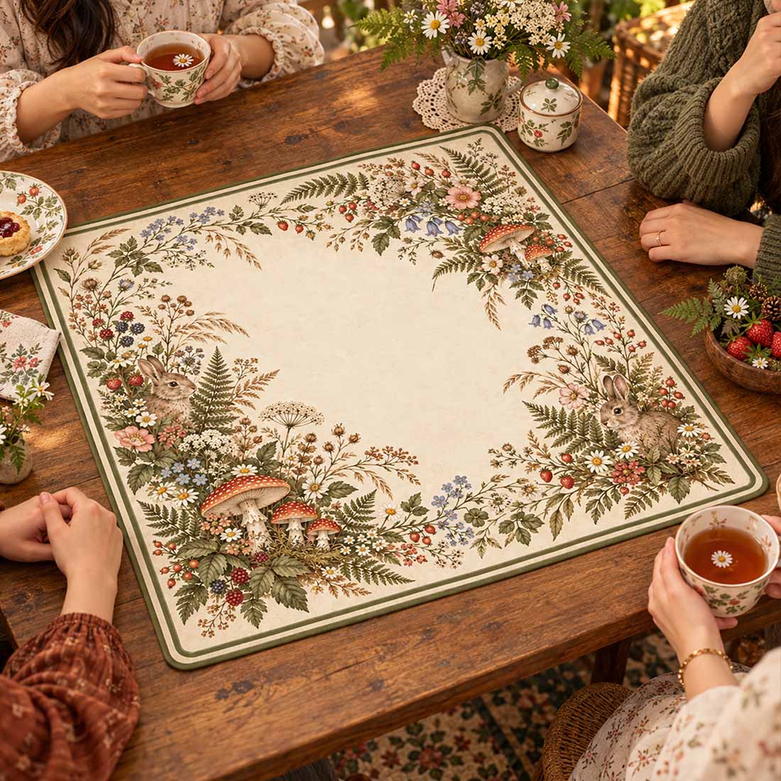 Vintage Forest Rabbit & Mushroom Wildflower Mahjong Mat