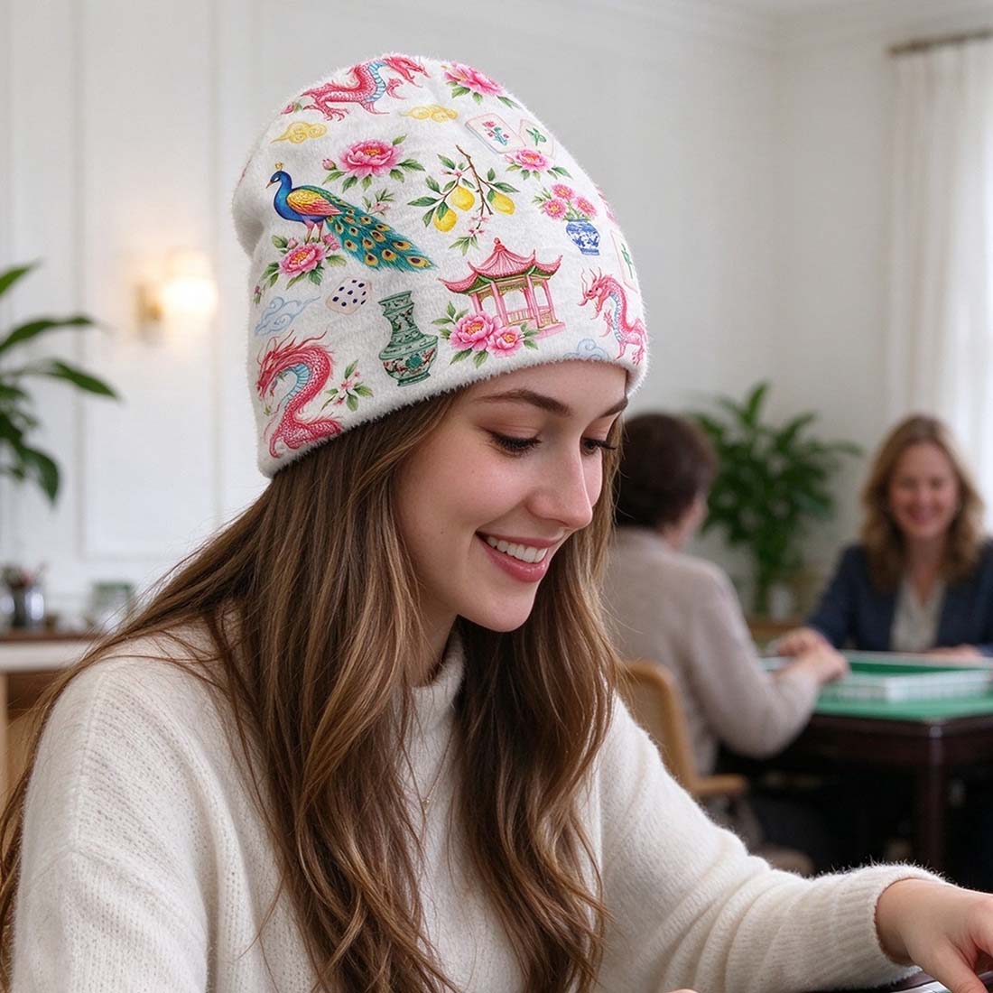 Retro Mahjong Women Cozy Fuzzy Beanie Chinoiserie Pattern Asian Art