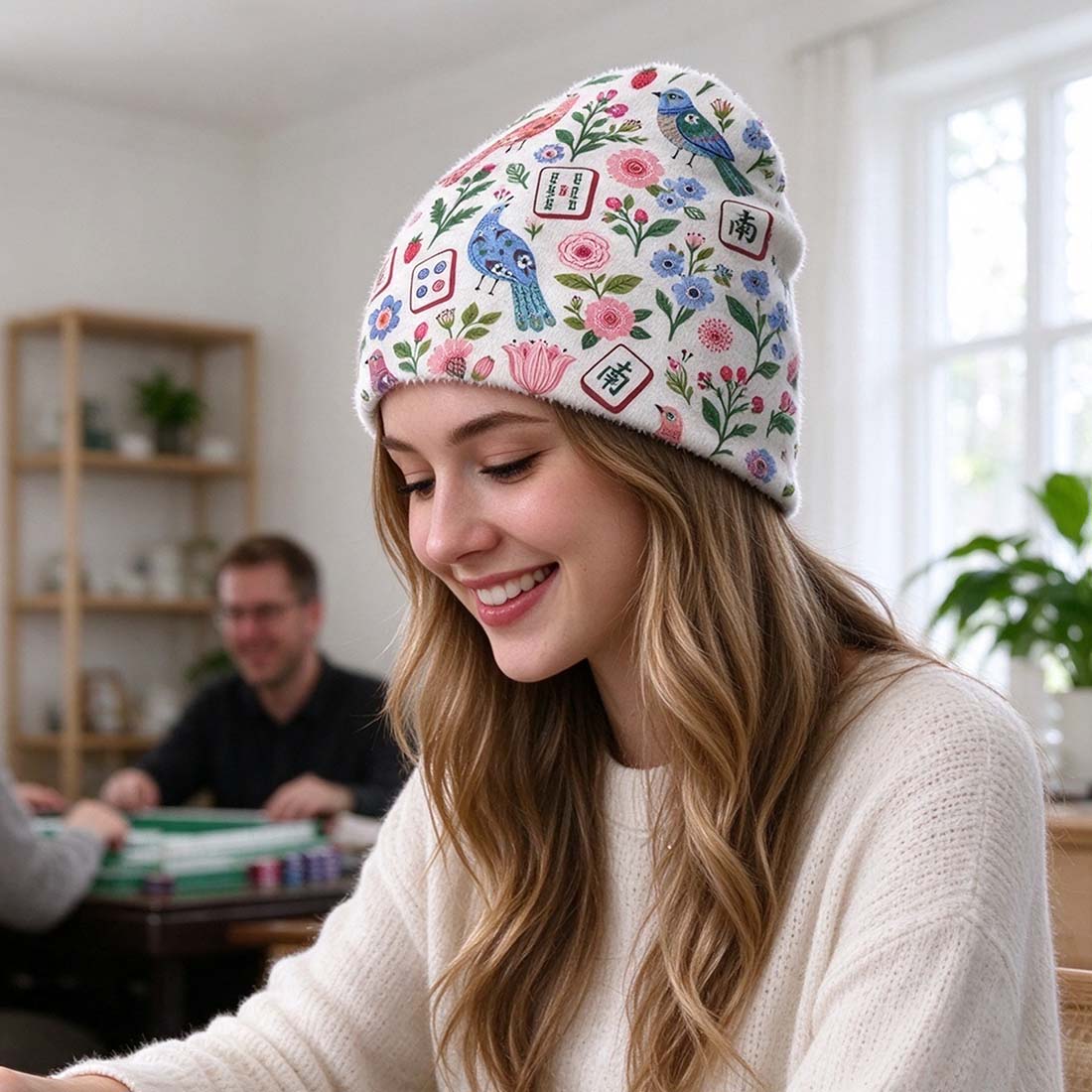 Mahjong Mahjong Floral Birds Women Cozy Fuzzy Beanie Chinoiserie Pattern Asian Art