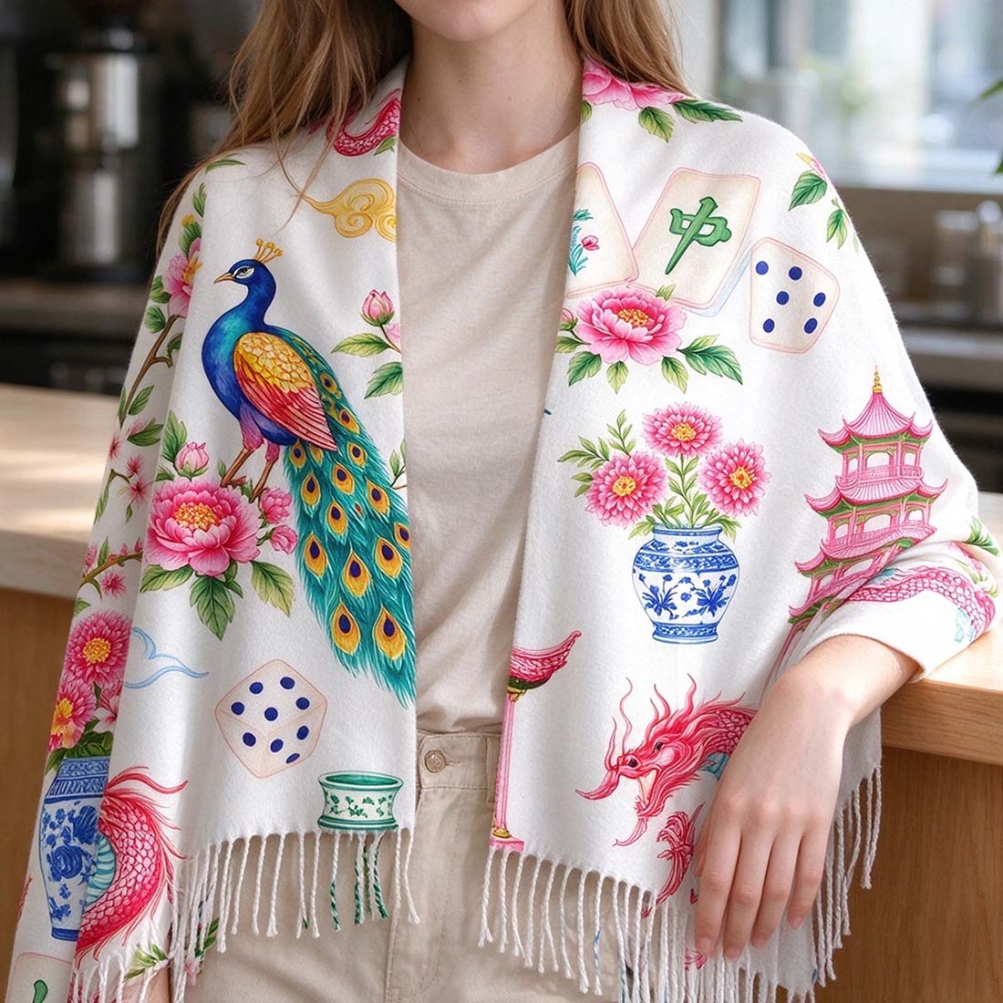 Retro Mahjong Women Print Cozy Fringed Scarf Chinoiserie Pattern Asian Art