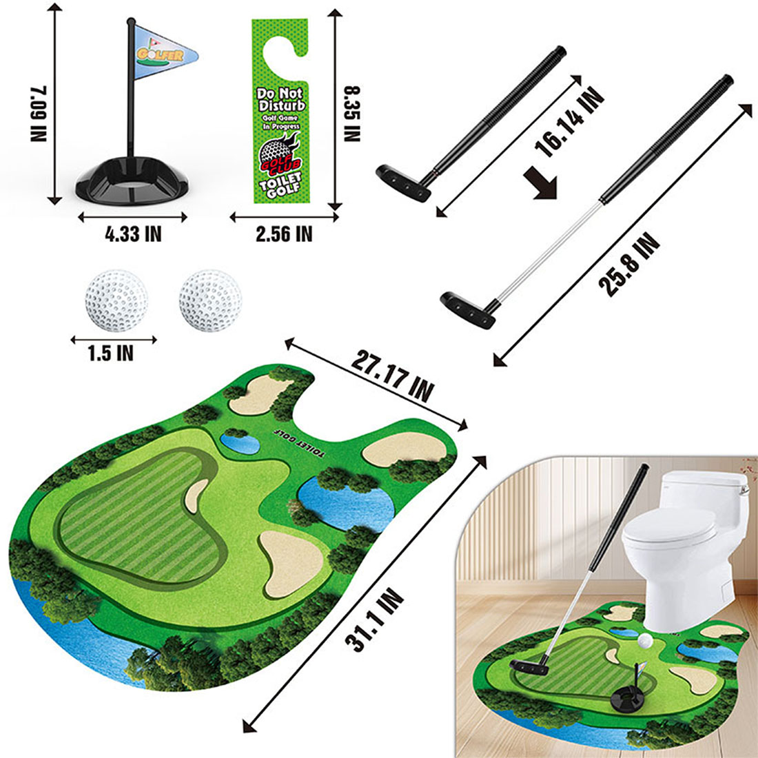 Toilet Golf Mini Game Set Funny Bathroom Putting Green Golf Toy Kit Novelty Gag Gift for Golf Lovers