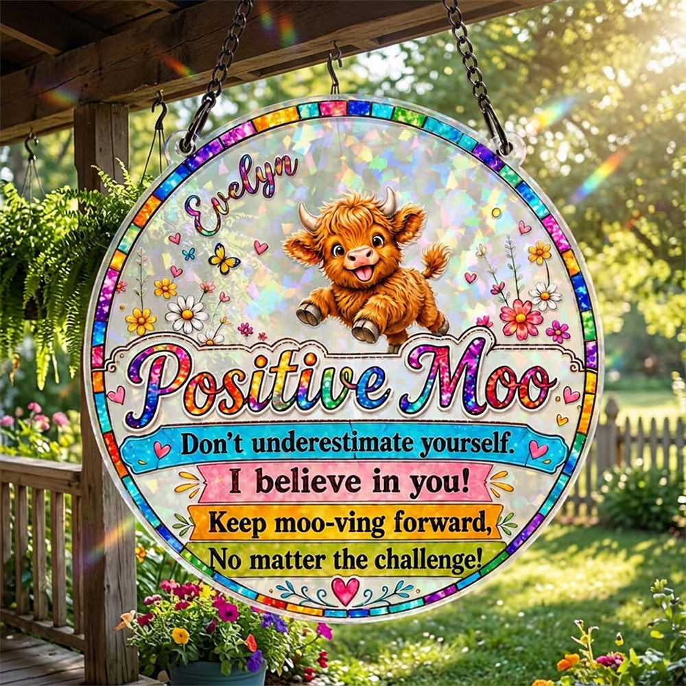 Personalized Colorful Highland Cow Positive Moo Floral Butterfly Sun Catcher with Name Birthday Housewarming Encouragement Gift for Women Friends