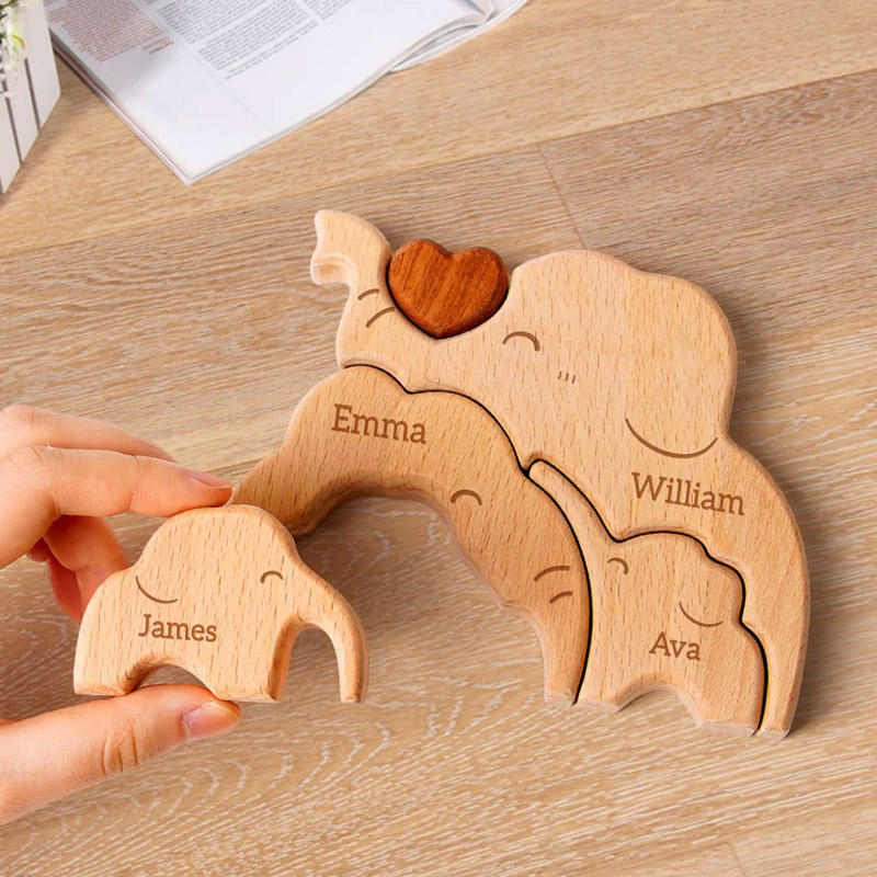 Personalized little Elephant Family Wooden Puzzle Adorable Shaped Wooden Ornament