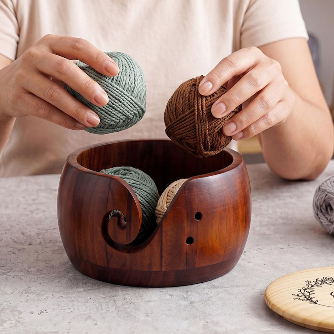 Personalized Birth Flower Wooden Yarn Bowl Custom Name Yarn Holder Yarn Lover Gifts