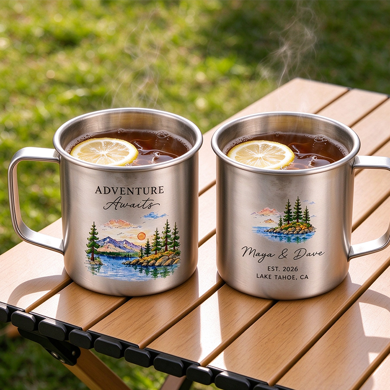 Personalized Adventure Awaits Lake Landscape Titanium Mug Set, Custom Couple Names Date Location Camping Mugs  
