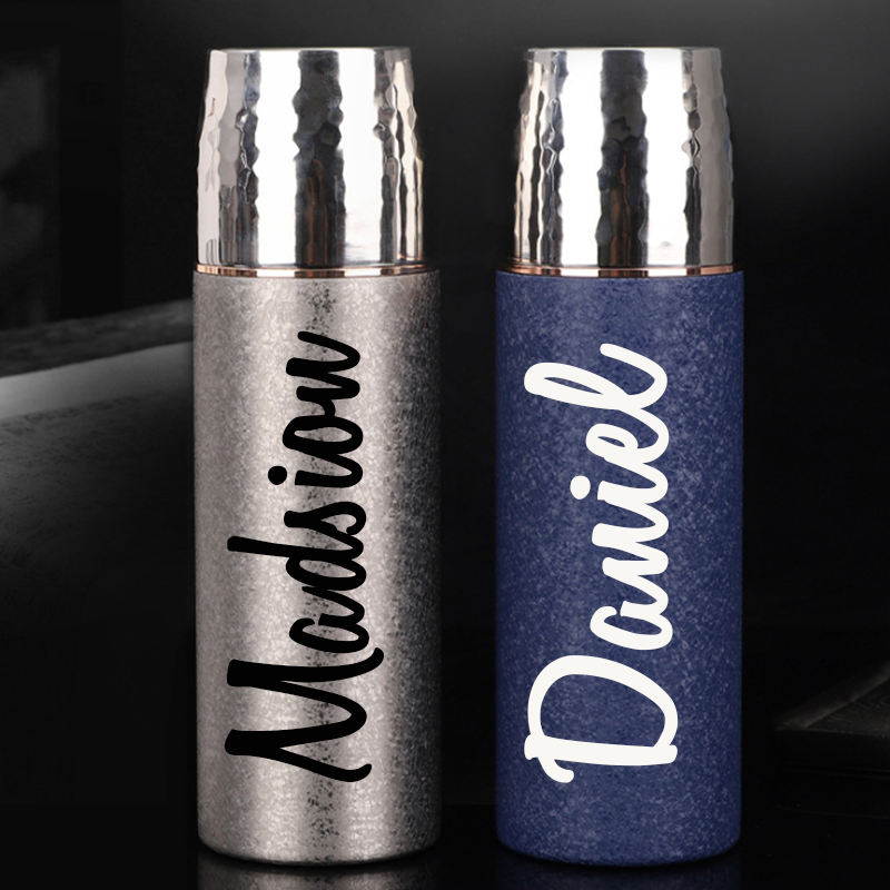 Personalized Hammered Lid Titanium Thermos Bottle, Custom Name Insulated Pure Titanium Water Flask Gift