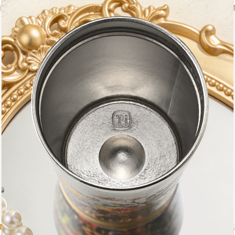 Personalized Floral Art Pure Titanium Travel Coffee Tumbler, Vintage Flower Insulated Cup With Carry Strap, Sunflower Lily of the Valley Iris Mountain Flower Mug